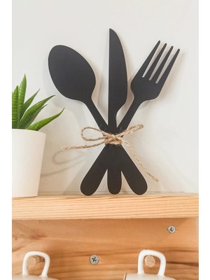 Mikasso 3'lü Dekoratif Ahşap Çatal-Kaşık-Bıçak Seti Mutfak, Kahve Köşesi, Dolap, Raf, Askı Süsü(19 Cm) Ahşap
