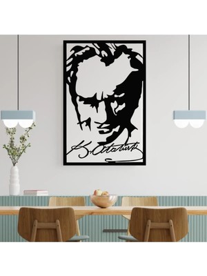 Mikasso Atatürk Portre Imza Duvar Süsü - Duvar Dekoru Ahşap Siyah