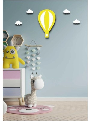 Mikasso Sarı Balon Duvar Süsü + 4 Mini Bulut Ahşap Duvar Dekoru Ahşap Sarı