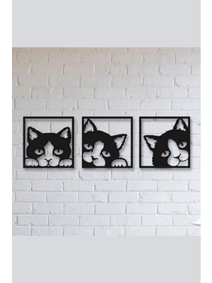 Mikasso 3lü Kedi Ahşap Dekoratif Duvar Tablosu 25X25CM Ahşap Siyah