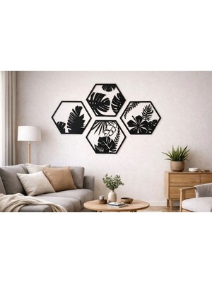 Mikasso 4 Parçalı Petek Şeklinde Modern Çiçek Bahçesi Ahşap Tablo Seti / Duvar Dekoru / Siyah 3 mm Mdf Ahşap