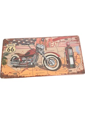 Mikasso Retro Route 66 Motosiklet Temalı Metal Plaka – 30X15 cm Dekoratif Vintage Plaka Metal Çok Renkli
