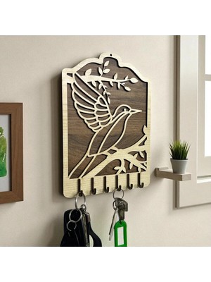 Mikasso Dekoratif Ahşap Kuş Figürlü Anahtar Askılığı – 16X22 Cm, Duvar Tipi Ahşap Bej