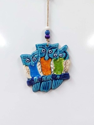Mikasso Seramik Mini 3'lü Baykuş Dekoratif Duvar Süsü 11X10 cm Seramik Mavi