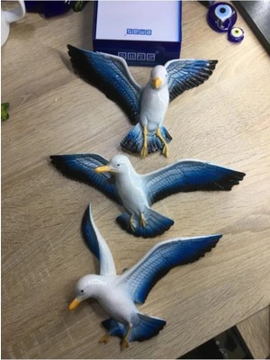 Mikasso 3'lü Martı Figürlü Balkon ve Bahçe Duvar Süsü, Mavi Dekorasyon Takımı Beyaz Polyester