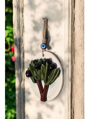 Mikasso Nazar Boncuklu Doğal Zeytin Ağaçlı Beyaz Seramik El Yapımı Dekoratif Duvar Süsü Eşyası 14X14 cm Sera