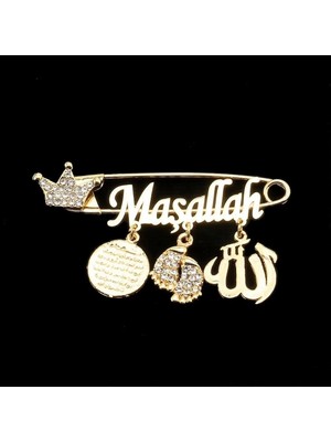 Sahi Aksesuar Maşallah Yazılı Bebek Yaka İğnesi 37 Kristal Taşlı Altın Sarı Renk Kaplama