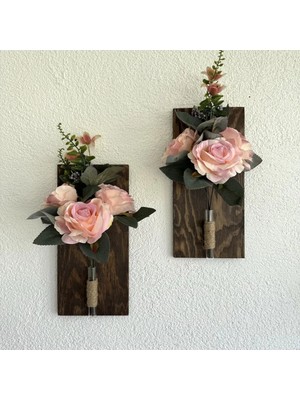Mikasso Pudra Pembe Gül Çiçekli Duvar Dekoru Ceviz Ikili Set 30X14CM Ahşap Pembe