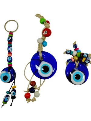 Mikasso Nazarlık Set Duvar Dekoru + Anahtarlık + Magnet El Yapımı Cam Hediyelik Set Cam Çok Renkli