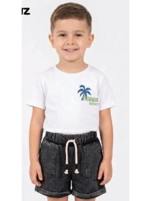 Trend Bee Trendebee Kids 2li Takım Penye Kotlu Palm Surf Baskılı Beyaz