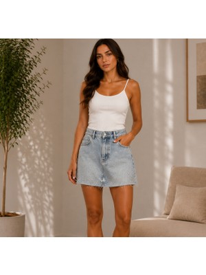 Belirtilmemiş Taş Işlemeli Denim Kot Etek