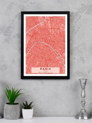 Mikasso Paris Şehir Haritası - Kırmızı - Siyah Çerçeveli Ahşap Kırmızı