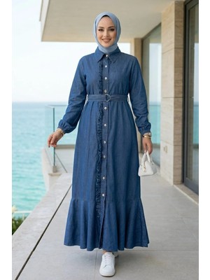 Harma Time Butik Kadın Fırfır Detaylı Düğmeli Kuşaklı Kot Mavi Elbise