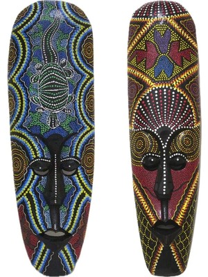 Mikasso Ahşap Otantik 2 Li Maske Set Duvar Süsü 50CM Kabile Maskeler Duvar Dekoru Ahşap Çok Renkli