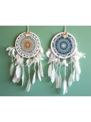 Mikasso 2'li Tek Gözlü Beyaz Tüylü Natürel Rüya Kapanı/ Düş Kapanı/ Dreamcatcher Seti Ahşap Beyaz