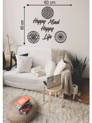 Mikasso 65*60 cm Happy Mind Happy Life Ahşap Duvar Yazısı Ahşap Siyah
