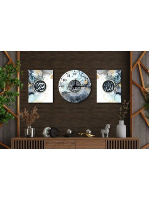 Mikasso 3’lü Dekoratif Tablo Saat Seti – Allah & Muhammed (S.a.v.) Yazılı Mavi Gold (30X40 + 40 Cm) Ahşap gr