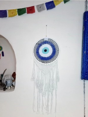 Mikasso 32 cm -90 cm Nazar Boncuğu Figürlü Makrome Dream Cather, Düş Kapanı, Rüya Kapanı No 23 Beyaz Iplik