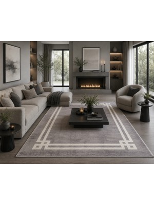 Hoom Rugs York 204 Gri Krem Çerçeveli Modern Salon Halısı