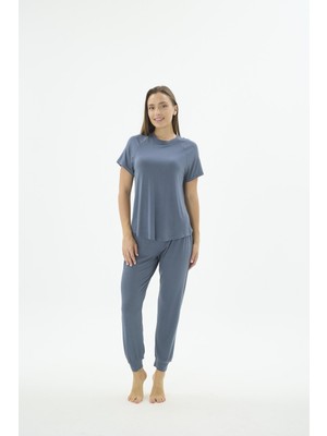 Sevim Kadın Kısa Kollu Petrol Jogger Pijama Takımı C3T1N571