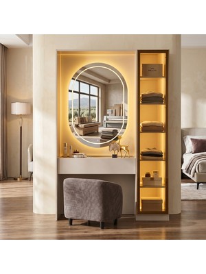 Eymense Lora Camlı Gardırop %100 Mdf Makyaj Üniteli Puflu Tekli Modüler Giyinme Odası Dolabı