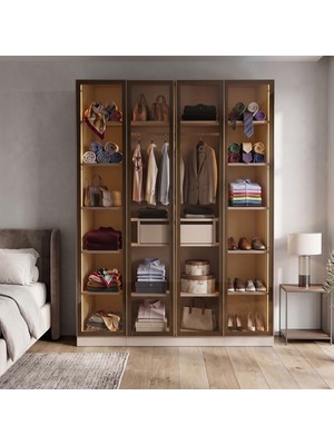 Eymense Lora Camlı Gardırop %100 Mdf Çekmeceli Tekli Dolaplı Modüler Giyinme Odası Dolabı