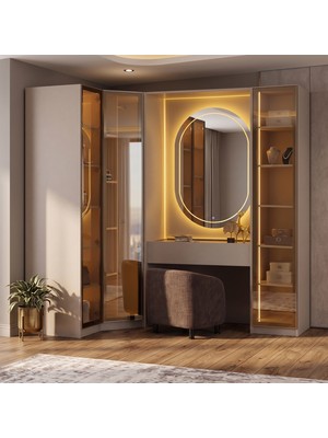 Eymense Lora Camlı Gardırop %100 Mdf Makyaj Üniteli Puflu Köşeli Modüler Giyinme Odası Dolabı