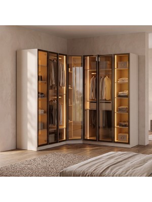 Eymense Lora Camlı Gardırop %100 Mdf Askılı Çekmeceli Köşe Modüler Giyinme Odası Dolabı