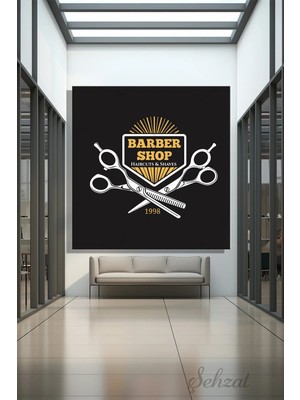 Şehzat Kare Kanvas Duvar Tablosu Tekli Kuaför Berber Dükkanı Logo Makas Retro Vintage Saç Kesimi Tıraş