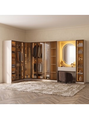 Eymense Lora Camlı Gardırop %100 Mdf Makyaj Üniteli Puflu Köşe Full Set Modüler Giyinme Odası Dolabı