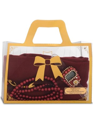 Hayrat Neşriyat Flamlı Eşarp (96X96 Cm) + Tesbih + Zikirmatik Hediye Seti (Bordo)
