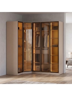 Eymense Lora Camlı Gardırop %100 Mdf Çekmeceli Köşe Modüler Giyinme Odası Dolabı