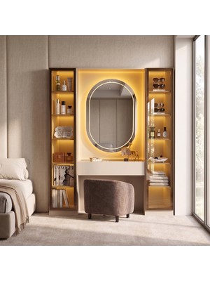Eymense Lora Camlı Gardırop %100 Mdf Makyaj Üniteli Puflu Ikili Modüler Giyinme Odası Dolabı