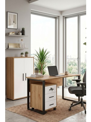 Yurupa Dante Ofis Mobilyası Takımı 140 cm Çalışma Masası + 3 Çekmeceli Keson ve Dolap Sepet Beyaz DAN10-SW