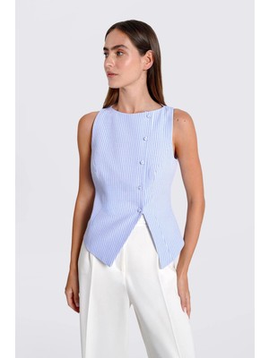 Thalure Kadın Mavi Pötikare Kruvaze Slim Fit Yelek