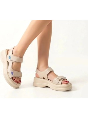 DMR Elegance Ginya Bej Cilt Cırt Cırtlı Sandalet