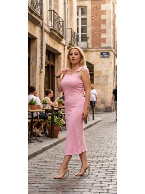 Fırfır Moda Tokalı Modal Midi Boy Elbise