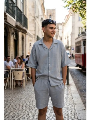 Fırfır Moda Waffle Dokuma Oversize Kısa Kol Gömlek