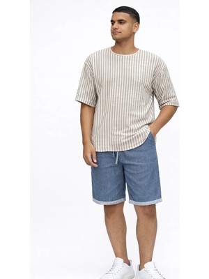 Fırfır Moda Oversize Çizgili Keten Tshirt Gömlek
