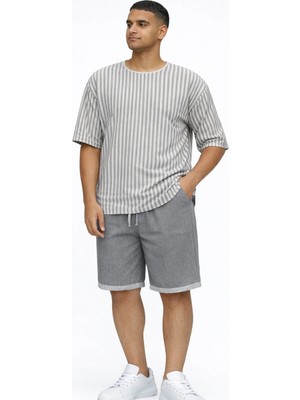 Fırfır Moda Oversize Çizgili Keten Tshirt Gömlek