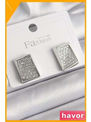 Havor Zirkon Taşlı Pirinç Kadın Küpe Plaka Tasarım