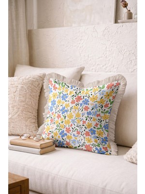 Hanna Home Saçaklı Kırlent Kılıfı Botanik Floral Desenli Ev Dekorasyonu Saçaklı Yastık Kılıfı 43X43 cm
