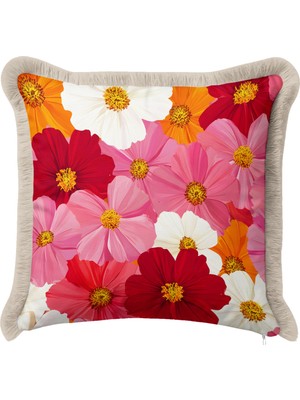 Hanna Home Saçaklı Kırlent Kılıfı Botanik Floral Desenli Saçaklı Kırlent Oturma Odası Kırlenti 43X43 cm