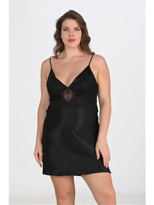 Fantastik Store Arias Closet Premium Büyük Beden Saten Dantel Işlemeli Siyah 2'li Gecelik Sabahlık Takımı Bigsize