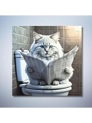 Tekli Kare Kanvas Banyo Tablosu Gazete Okuyan Beyaz Chinchilla Kedi, 40 x 40