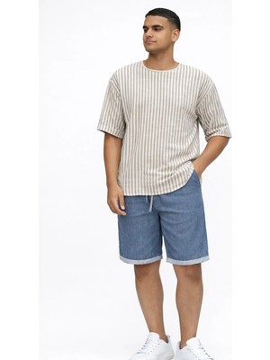 Fırfır Moda Oversize Çizgili Keten Tshirt Gömlek