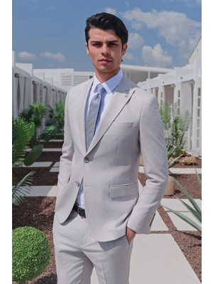 İmza Gri-Beyaz Kırlangıç Yaka 6 Drop Slim Fit Tam Astar Esnek Takım Elbise 1001260163