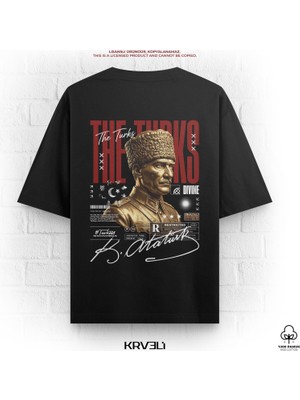 Krveli Store The Turks Atatürk Baskılı Oversize Tişört Siyah Erkek Unisex %100 Pamuk Atatürk Imzalı Kısa Kollu Türk Tarihi Tshirt