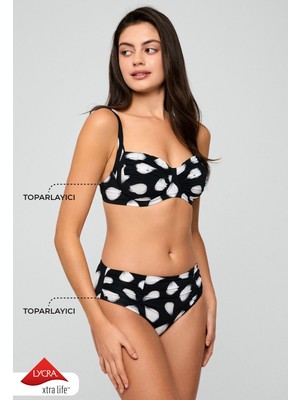 Kom Kadın Siyah Desenli Telli Kapsız Drape Detaylı Toparlayıcı Bikini Takımı