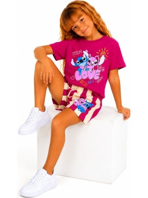 Cg Kids  Stitch ve Angel Kız Çocuk Baskılı Çizgili Şortlu Takım - Fuşya / Mürdüm